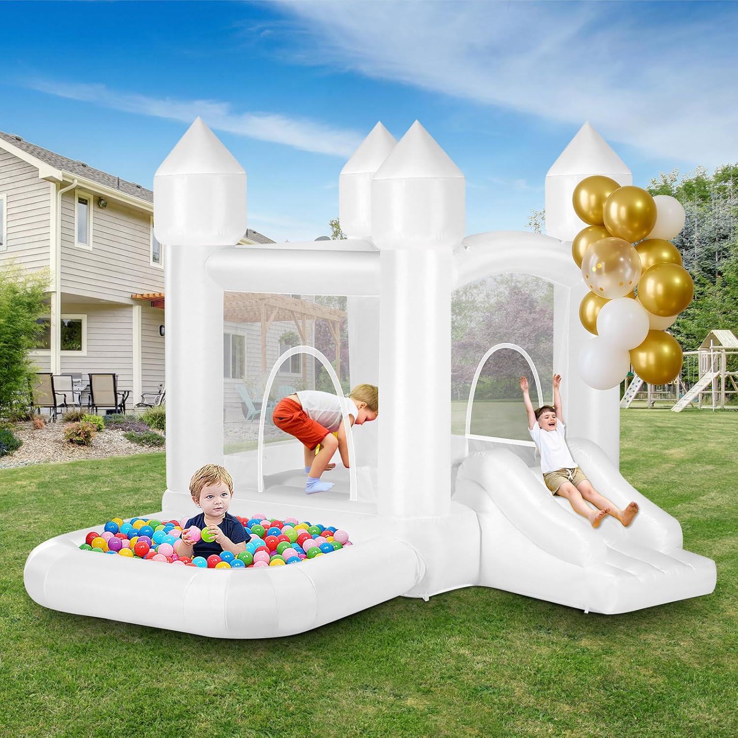 Kids White Bounce House with B - Kids Outdoor Jumping review and price